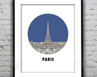 Paris France Skyline Poster Art Print Eiffel Tower Round  Item T1028