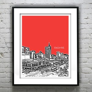 K&ouml;nnte beinhalten: Eine Schwarzwei&szlig;illustration der Skyline von Nairobi vor rotem Hintergrund. Der Text "Nairobi" ist oben im Bild in Wei&szlig; gedruckt.