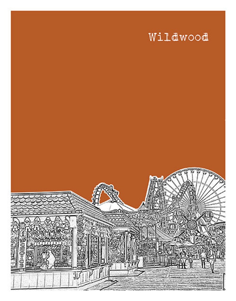 K&ouml;nnte beinhalten: Eine Schwarzwei&szlig;illustration eines Vergn&uuml;gungsparks an der Strandpromenade in Wildwood, New Jersey. Die Illustration zeigt ein Karussell, ein Riesenrad und andere Fahrgesch&auml;fte. Der Text "Wildwood" ist oben im Bild in Wei&szlig; geschrieben.