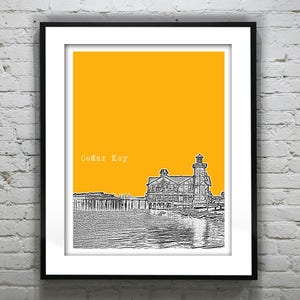 May include: A black and white illustration of a building with a lighthouse on top, on a yellow background. The text "Cedar Key" is written in white at the top of the image.