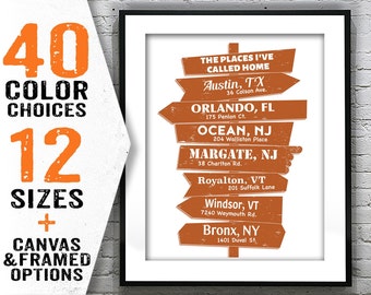 Personalized Places I've Called Home Signpost Travel Poster - Custom Destination Places I've Lived City Town Art Print