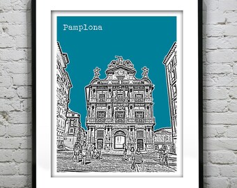 Pamplona Spain City Skyline Poster Art Print Bull Run