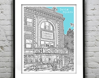 Davis Square Skyline Poster Art Print Boston Somerville Theater Massachusetts Item T4397