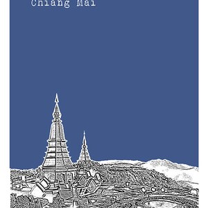 May include: A black and white line drawing of a temple complex in Chiang Mai, Thailand. The drawing depicts a large, ornate temple with a tall spire, surrounded by smaller buildings and trees. The sky is a solid blue color.