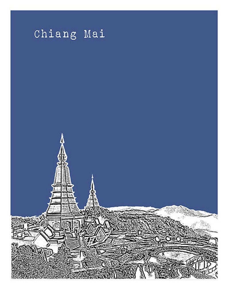 May include: A black and white line drawing of a temple complex in Chiang Mai, Thailand. The drawing depicts a large, ornate temple with a tall spire, surrounded by smaller buildings and trees. The sky is a solid blue color.