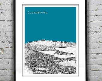 Queenstown New Zealand Poster Art Skyline Print Lake Wakatipu Version 1