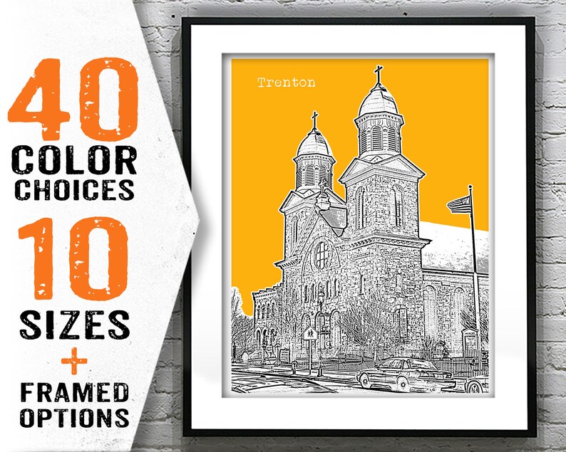 May include: A black and white illustration of a church building with two towers, set against a yellow background. The text "Trenton" is printed in the top left corner of the image.
