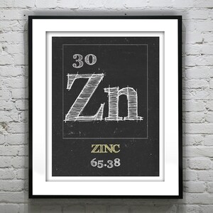 May include: A black and white illustration of the periodic table element Zinc (Zn). The atomic number 30 and atomic weight 65.38 are displayed in white text on a black background.