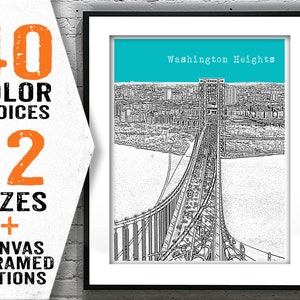 Może przedstawiać: Czarno-biały odbitka liniowej grafiki mostu George'a Washingtona w Nowym Jorku. Odbitka ma turkusowe tło i tekst "Washington Heights" u g&oacute;ry.