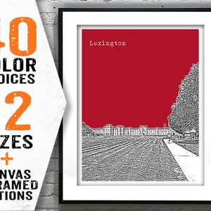 May include: A black and white illustration of a building with the text "Lexington" in white on a red background.
