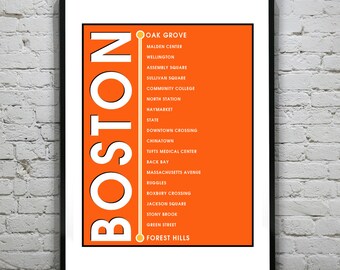 Boston T Orange Line Poster Art Print Back Bay Forest Hills Malden Haymarket North Station Roxbury Item T4377