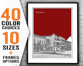 Pontiac Michigan Skyline Poster Art City Print MI Item T1404