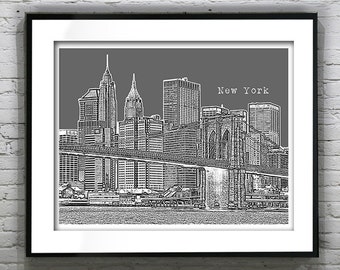New York City Skyline Art Print Poster NYC Brooklyn Bridge Item T1009