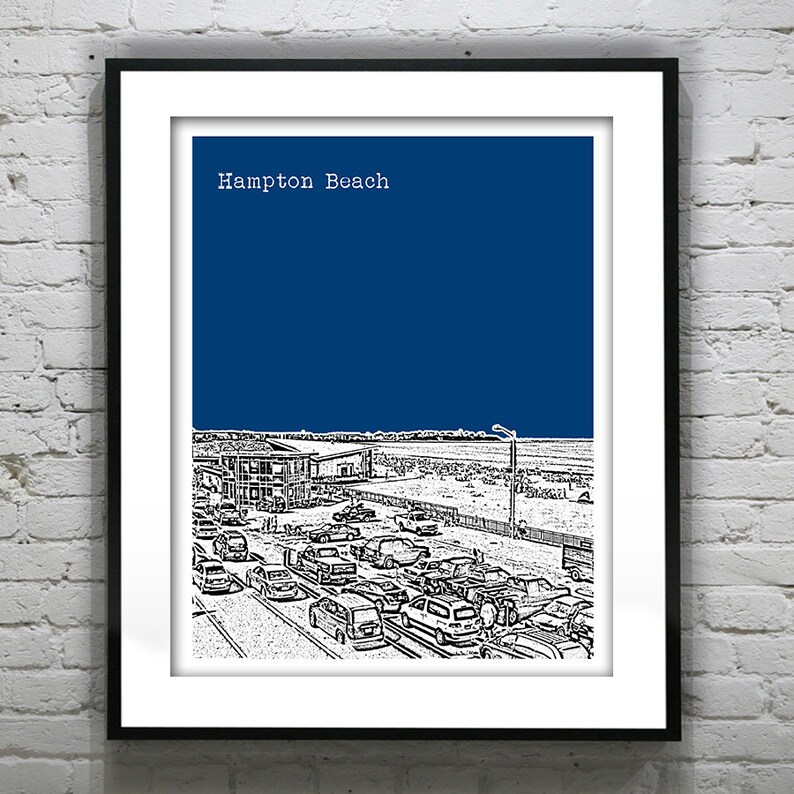 May include: Black framed print featuring a Hampton Beach illustration. The artwork depicts a detailed grayscale scene of a beach town with cars, buildings, and a deep blue sky. The words "Hampton Beach" are at the top.
