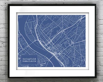 Springfield Massachusetts Blueprint Map Poster Art Print Several Sizes Available
