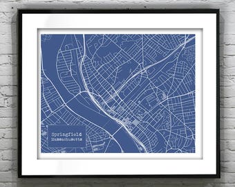 Springfield Massachusetts Blueprint Map Poster Art Print Several Sizes Available