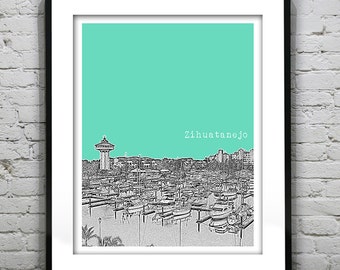 Zihuatanejo Mexico Poster Art Skyline Guerrero Print Version 2