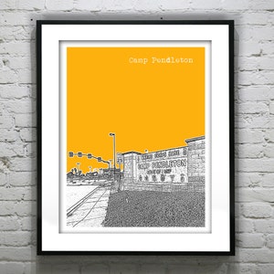 May include: A black and white illustration of the entrance to Camp Pendleton, a military base in California. The sign reads "Marine Corps Base Camp Pendleton Home of 1 MEF". The background is a solid yellow color.