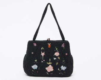 handmade black beaded embroidered bag vintage 1950s • Revival Vintage Boutique