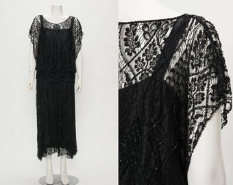 SALE rare deco, jet beaded black lace dress vintage 1920s • Revival Vintage Boutique