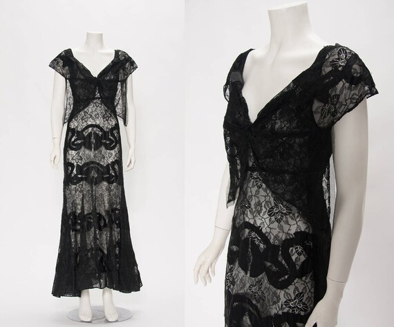 black sheer floral lace with applique vintage 1930
