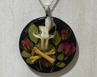 Skull and Crossbones Pendant, taxidermy jewelry, real skull, real bone jewelry, steampunk, relics, roses, flowers, pastel goth, rockabilly