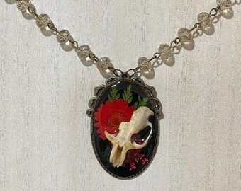 Muskrat bones and flowers pendant, real bone jewelry, memento mori, taxidermy jewelry, cabinet of curiosities, vulture culture, oddities