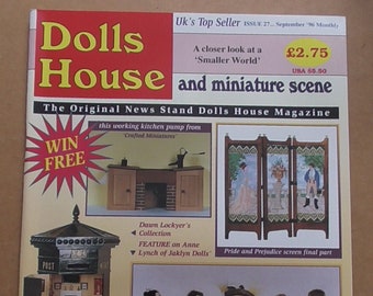 May include: A magazine cover for Dolls House, a newsstand magazine for dollhouse enthusiasts. The cover features a dollhouse kitchen pump, a dollhouse screen, and a dollhouse post office. The cover also features a group of dolls dressed in period clothing. The magazine is described as "The Original News Stand Dolls House Magazine".