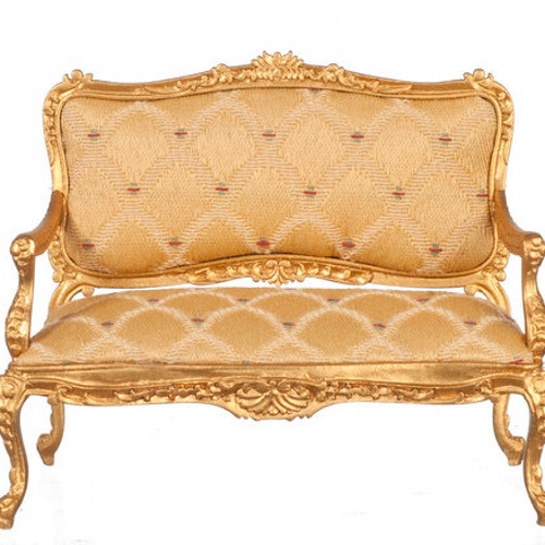 Mahogany Gold Settee Love seat couch DOLLHOUSE FURNITURE 1:12 or 1" Scale BESPAQ 