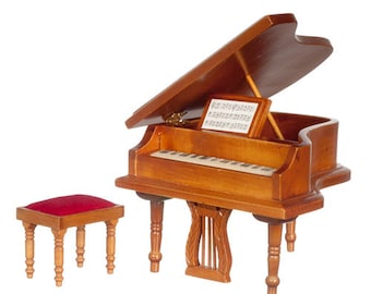 Puppenhaus Direkt 1:12 Baby GrandPiano und Hocker Nussbaum 91408