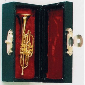 May include: A gold-colored miniature trumpet in a black velvet-lined case with a red interior.