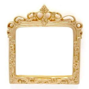 May include: An ornate picture frame in a gold colour with a square opening. The frame features a decorative design with intricate details.