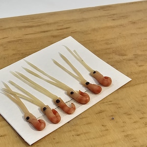 Könnte beinhalten: Nahaufnahme von sechs kleinen, beigefarbenen Kunstködern in Form von Garnelen mit roten Schwänzen. Die Köder sind auf einer weißen Oberfläche angeordnet.