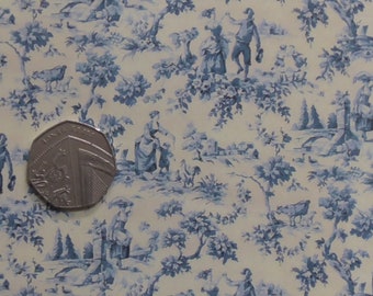 May include: A white background with a blue and white toile pattern. The pattern features small figures of people, trees, and houses. A silver coin is in the center of the image.
