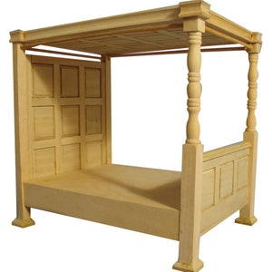May include: A wooden four-poster bed frame with a slatted headboard and footboard. The bed frame is unfinished and ready to be painted or stained.