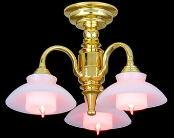 12th scale Dolls House Lighting Modern Gold 3 Light Island Chandelier/White Shades EL184G