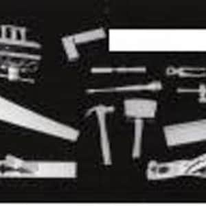 May include: Assortment of woodworking tools, including a saw, hammer, mallet, plane, and chisels. The tools are arranged on a black background.