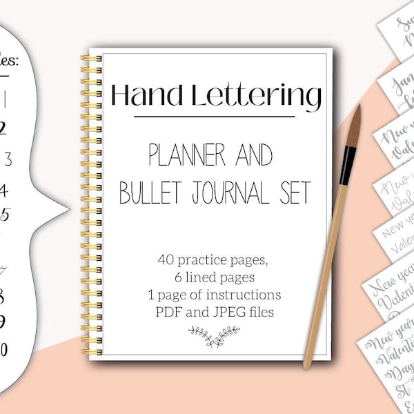 Hand lettering worksheets planner and bullet journal words - pdf and jpeg - modern calligraphy practice procreate ipad - digital printable