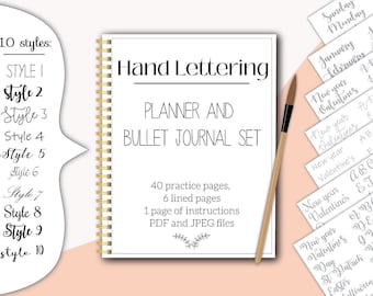 Hand lettering worksheets planner and bullet journal words - pdf and jpeg - modern calligraphy practice procreate ipad - digital printable