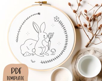 Modèle de broderie à la main de lapin - Broderie boisée mignonne - Motif de broderie - DIY Hoop Art - Nursery Wall Art