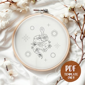 Snake Embroidery - Hand Embroidery Template - PDF Template - DIY Hoop Art - Embroidery Pattern - Snake and Flowers