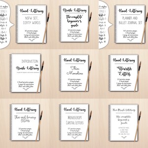 K&ouml;nnte beinhalten: Neun verschiedene druckbare Handlettering-Arbeitsb&uuml;cher mit Titeln wie "Brush Lettering: Der komplette Anf&auml;ngerleitfaden", "Hand Lettering: D&uuml;nne Monoline", "Hand Lettering: Schn&ouml;rkel-Buchstaben", "Hand Lettering: D&uuml;nne und federnde Buchstaben", "Hand Lettering: Monoscript-Gro&szlig;buchstaben" und "Thin Brush Lettering: Der komplette Anf&auml;ngerleitfaden". Jedes Arbeitsbuch enth&auml;lt &Uuml;bungsseiten, linierte Seiten und Anweisungen.