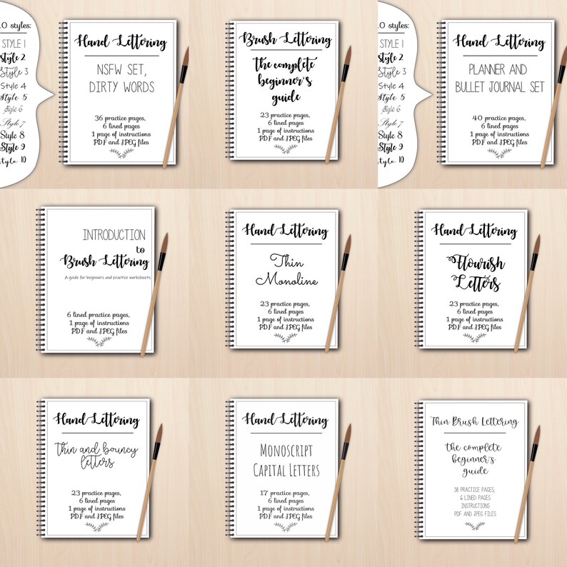 K&ouml;nnte beinhalten: Neun verschiedene druckbare Handlettering-Arbeitsb&uuml;cher mit Titeln wie "Brush Lettering: Der komplette Anf&auml;ngerleitfaden", "Hand Lettering: D&uuml;nne Monoline", "Hand Lettering: Schn&ouml;rkel-Buchstaben", "Hand Lettering: D&uuml;nne und federnde Buchstaben", "Hand Lettering: Monoscript-Gro&szlig;buchstaben" und "Thin Brush Lettering: Der komplette Anf&auml;ngerleitfaden". Jedes Arbeitsbuch enth&auml;lt &Uuml;bungsseiten, linierte Seiten und Anweisungen.