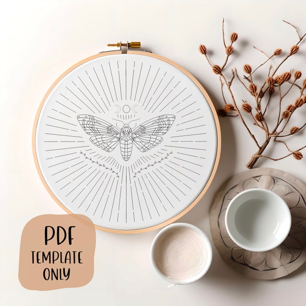 Death's Head Moth Hand Embroidery Template - Witchy Embroidery - PDF Template - DIY Hoop Art - Moon Phase Embroidery - Embroidery Pattern