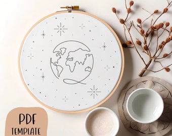 Modèle de broderie à la main de la terre - Modèle PDF - DIY Hoop Art - Motif de broderie - Dessin au trait, Abstrait, Planète