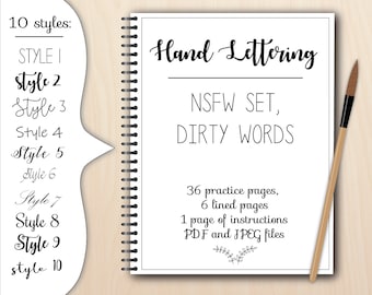 Hand lettering worksheets NSFW dirty words, pdf and jpeg modern calligraphy brush practice procreate ipad, digital and printable