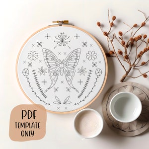 Luna Moth and Flowers - Hand Embroidery Template - PDF Template - DIY Hoop Art -Embroidery Pattern