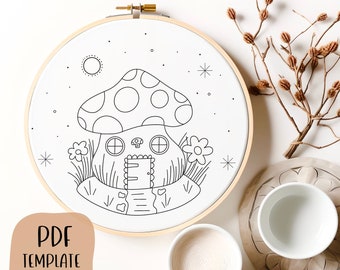Mushroom House - Hand Embroidery Template - PDF Template - DIY Hoop Art - Embroidery Pattern - Woodland
