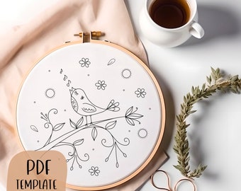 Modèle de broderie à la main d'oiseau - Modèle PDF - DIY Hoop Art - Motif de broderie - Chant d'oiseau et broderie de fleurs