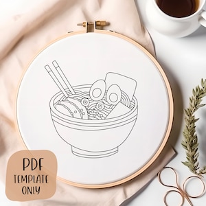 ラーメン丼の手刺繍テンプレート - 食べ物の刺繍 - DIY フープアート - 刺繍パターン - 日本の食べ物